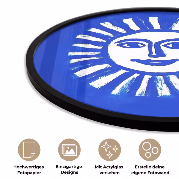 Zon - Gezicht - Penseelstructuur - Blauw Fotolijst rond zonder passe partout klein -closeup_DE