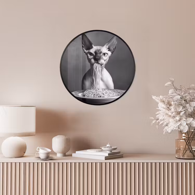 Sphynx - Kat - Dieren - Humor - Spaghetti - Zwart Wit Fotolijst rond zonder passe partout klein -sfeer3