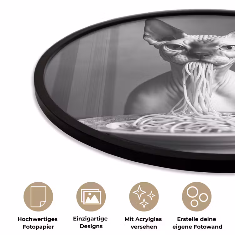 Sphynx - Kat - Dieren - Humor - Spaghetti - Zwart Wit Fotolijst rond zonder passe partout klein -closeup_DE