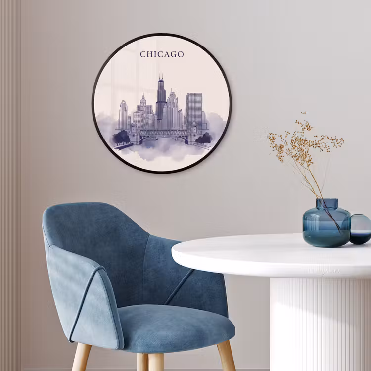 Stad - Skyline - Architectuur - Lijntekening - Blauw Fotolijst rond zonder passe partout klein -sfeer2