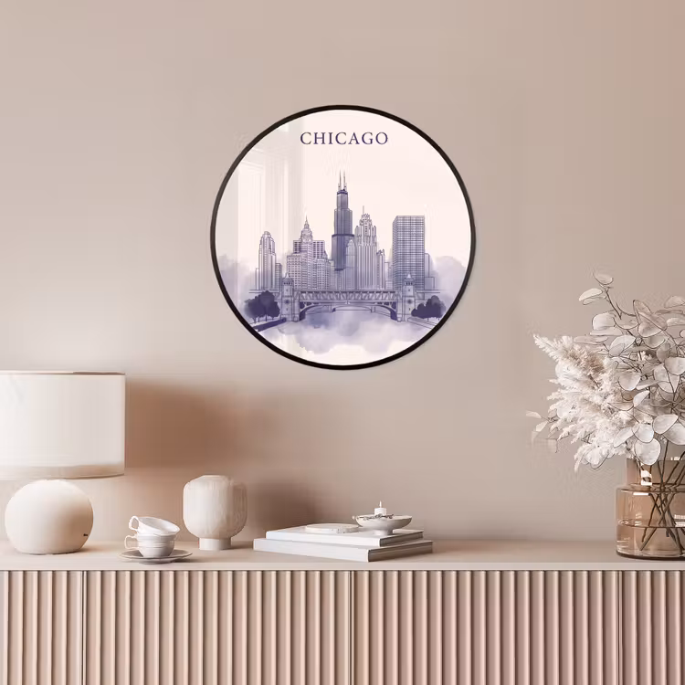 Stad - Skyline - Architectuur - Lijntekening - Blauw Fotolijst rond zonder passe partout klein -sfeer3
