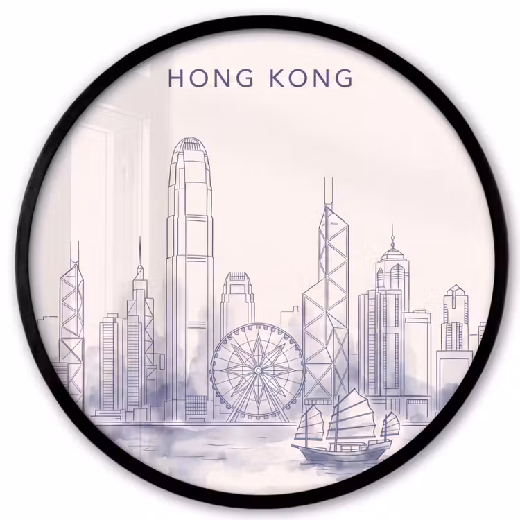Stad - Skyline - Water - Lijntekening - Blauw Fotolijst rond zonder passe partout klein -3d