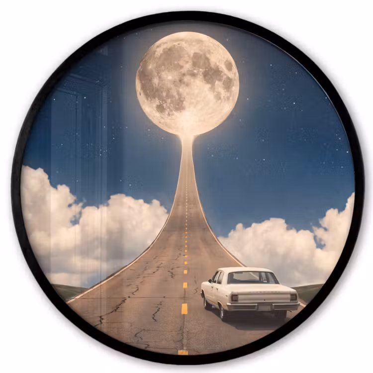 Poster im Rahmen Rund - Straße – Mond – Nacht - Weg - Maan - Nacht Fotolijst rond zonder passe partout klein
