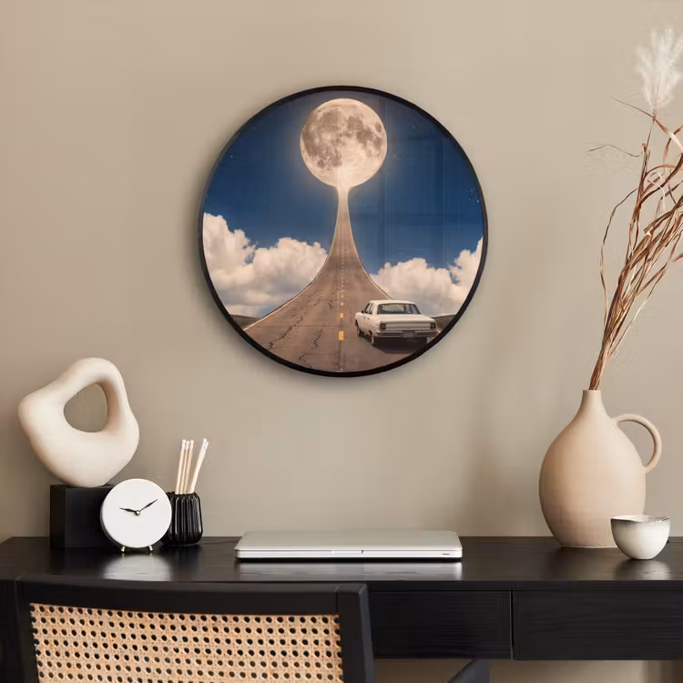 Poster im Rahmen Rund - Straße – Mond – Nacht - Weg - Maan - Nacht Fotolijst rond zonder passe partout klein