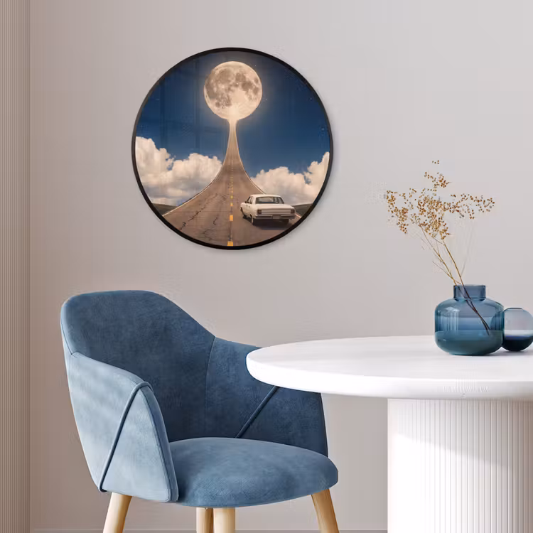 Poster im Rahmen Rund - Straße – Mond – Nacht - Weg - Maan - Nacht Fotolijst rond zonder passe partout klein