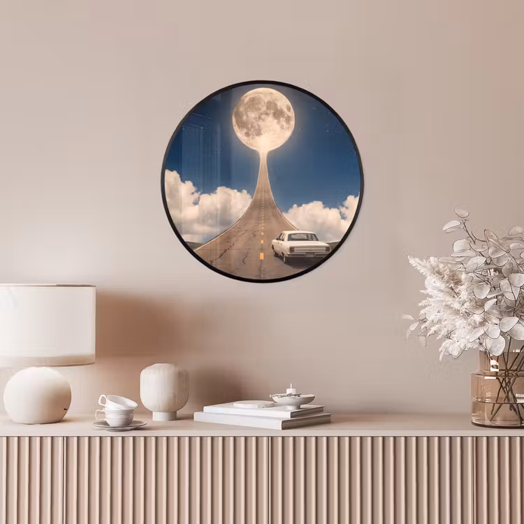 Poster im Rahmen Rund - Straße – Mond – Nacht - Weg - Maan - Nacht Fotolijst rond zonder passe partout klein