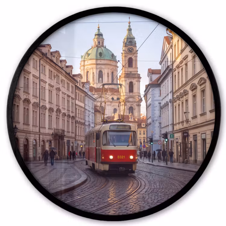 Tram - Straat - Stadsgezicht - Klassiek - Rood Fotolijst rond zonder passe partout klein -3d