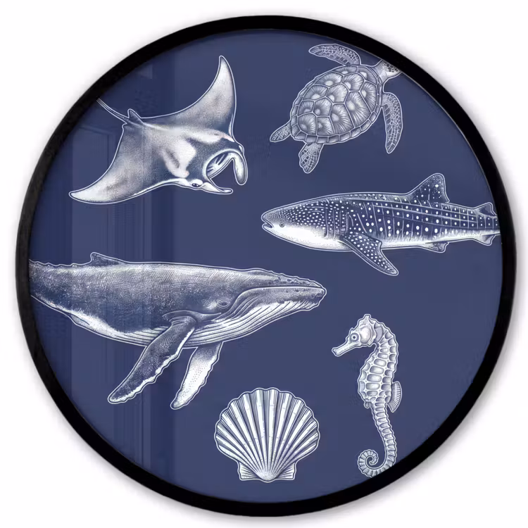 Dieren - Zeeleven - Oceaan - Graveren - Blauw Fotolijst rond zonder passe partout klein -3d