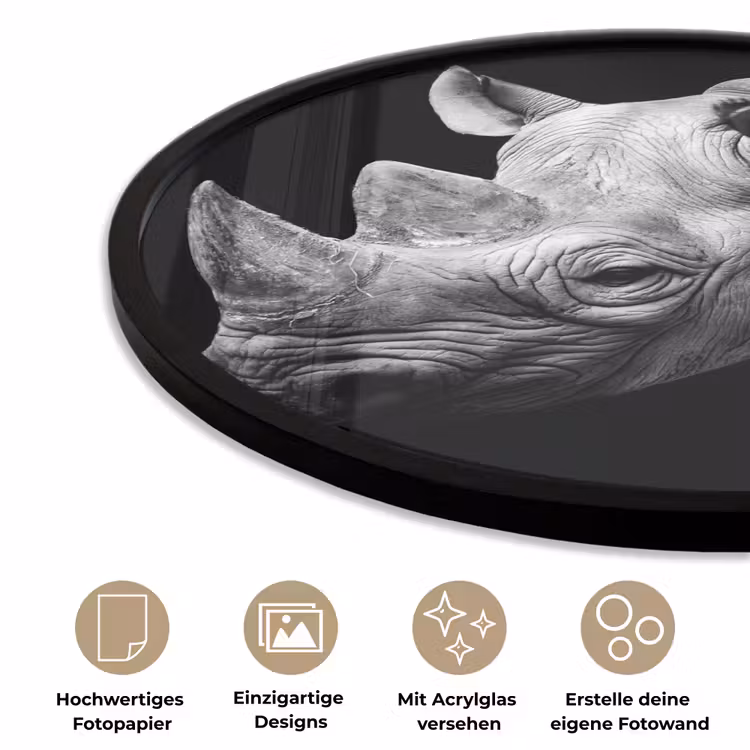 Dieren - Neushoorn - Zwart - Wit - Portret Fotolijst rond zonder passe partout klein -closeup_DE