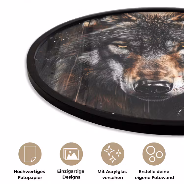Dieren - Wolf - Portret - Zwart - Bruin Fotolijst rond zonder passe partout klein -closeup_DE