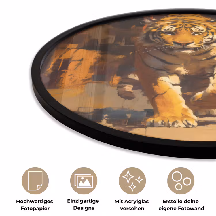 Tijger - Geschilderd - Oranje - Penseelstreken Fotolijst rond zonder passe partout klein -closeup_DE