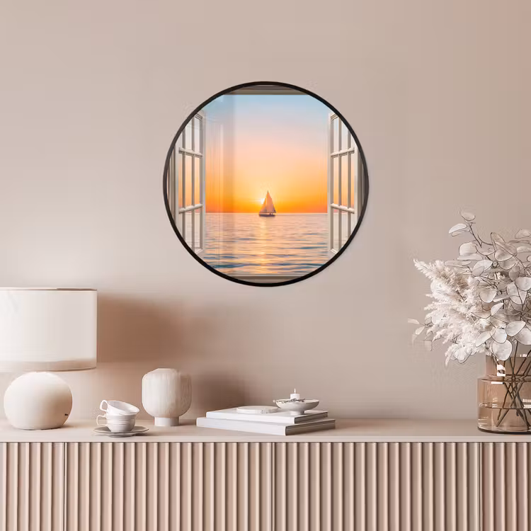 Doorkijk - Zee - Boot - Zonsondergang Fotolijst rond zonder passe partout klein -sfeer3