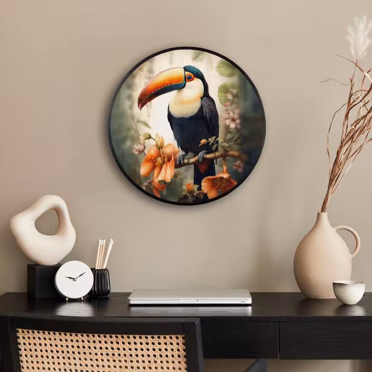 Toekan - Vogel - Bloemen - Planten Fotolijst rond zonder passe partout klein -sfeer1
