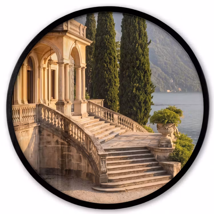 Poster im Rahmen Rund - Villa – Wasser – Treppen - Villa - water -trappen Fotolijst rond zonder passe partout klein