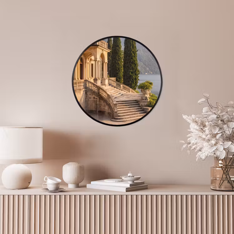 Poster im Rahmen Rund - Villa – Wasser – Treppen - Villa - water -trappen Fotolijst rond zonder passe partout klein