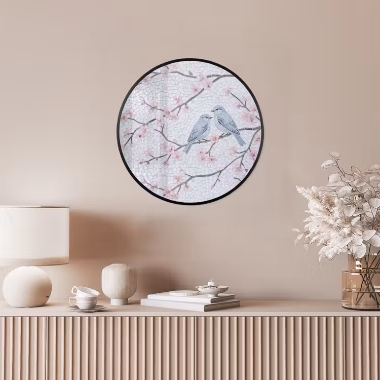 Vogel - Bloemen - Natuur - Mozaïek - Roze Fotolijst rond zonder passe partout klein -sfeer3