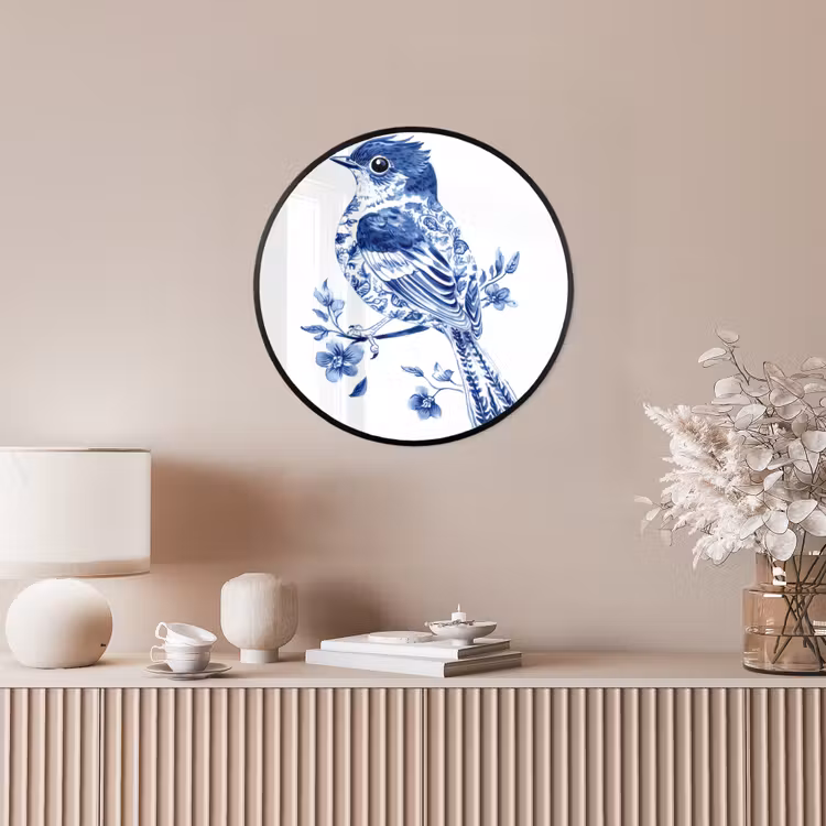 Vogel - Delfts blauw - Illustratie - Bloemen Fotolijst rond zonder passe partout klein -sfeer3