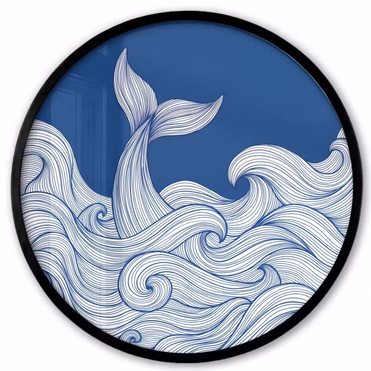 Walvis - Staart - Golven - Lijntekening - Blauw Fotolijst rond zonder passe partout klein -3d