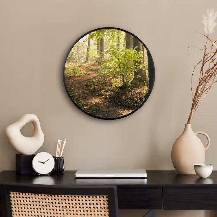 Bos - Bomen - Pad - Zon - Planten - Bladeren - Natuur Fotolijst rond zonder passe partout klein -sfeer1