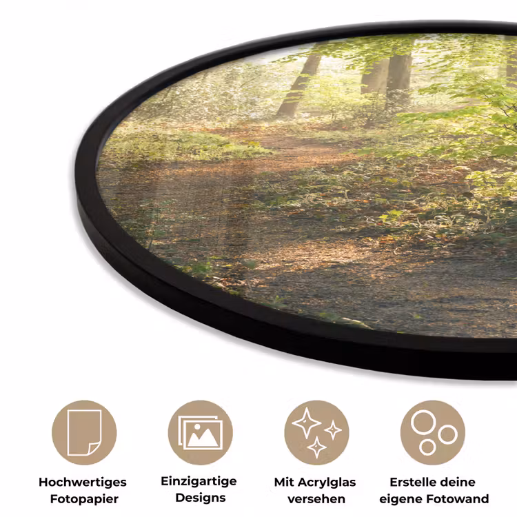 Bos - Bomen - Pad - Zon - Planten - Bladeren - Natuur Fotolijst rond zonder passe partout klein -closeup_DE