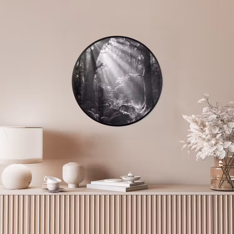 Bos - Lichtstralen - Natuur - Zwart-wit Fotolijst rond zonder passe partout klein -sfeer3