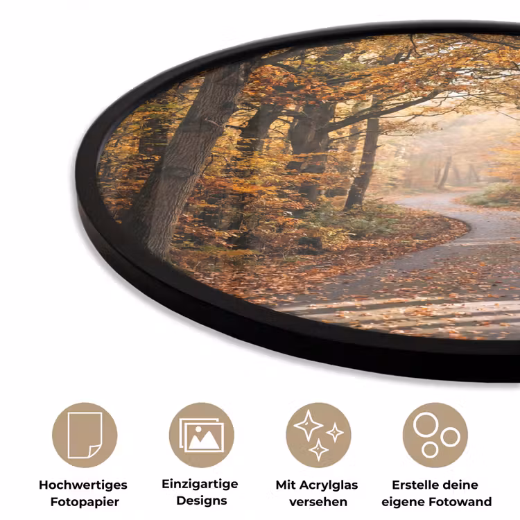 Bospad - Herfstbos - Bladeren - Oranje - Nostalgisch Fotolijst rond zonder passe partout klein -closeup_DE