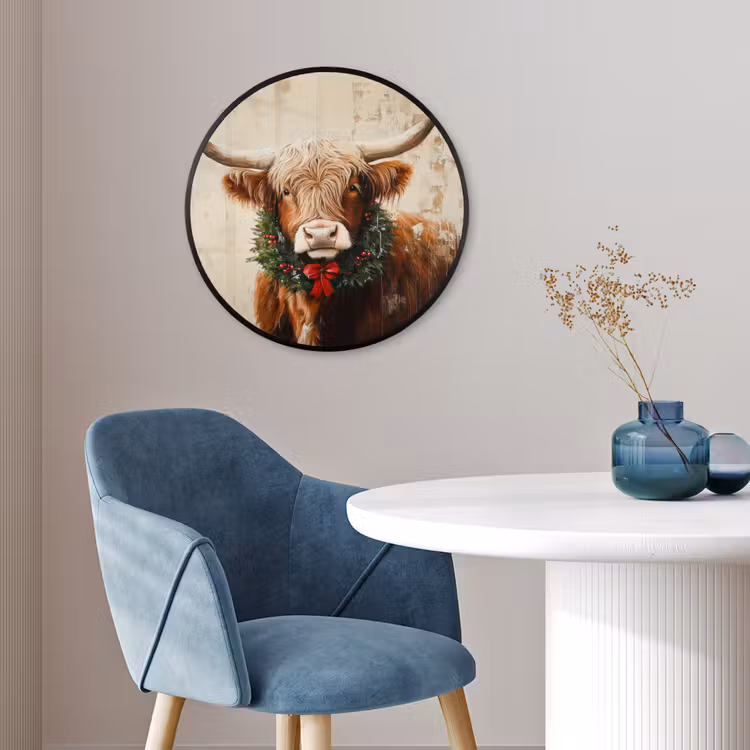 Kerst - Schotse Hooglander - Bruin - Krans Fotolijst rond zonder passe partout klein -sfeer2
