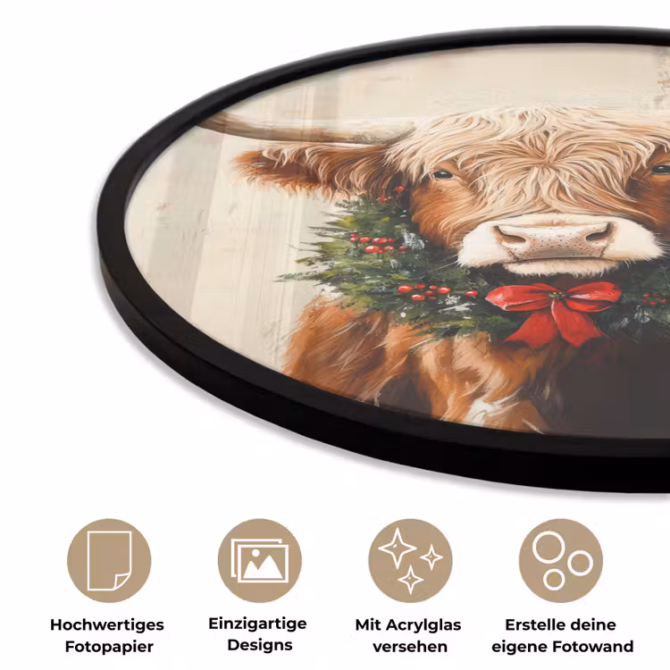 Kerst - Schotse Hooglander - Bruin - Krans Fotolijst rond zonder passe partout klein -closeup_DE