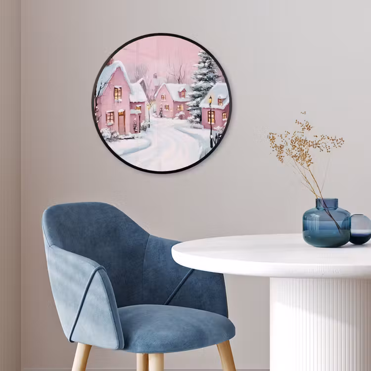 Kerstdorp - Roze - Winter - Sneeuw - Huizen Fotolijst rond zonder passe partout klein -sfeer2
