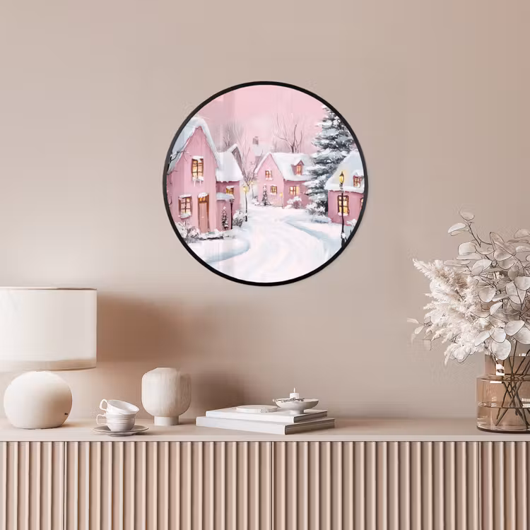 Kerstdorp - Roze - Winter - Sneeuw - Huizen Fotolijst rond zonder passe partout klein -sfeer3