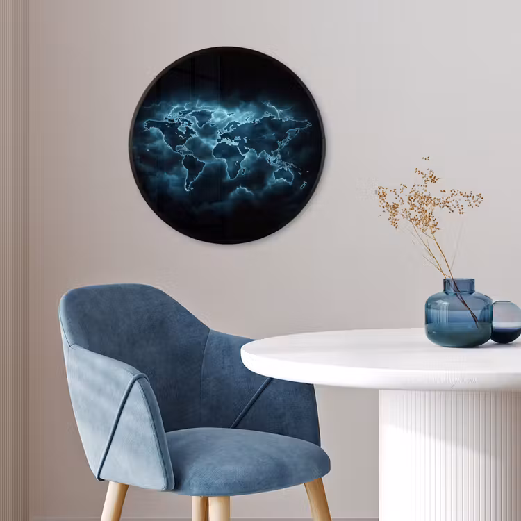 Wereldkaart - Bliksem - Blauw Fotolijst rond zonder passe partout klein -sfeer2