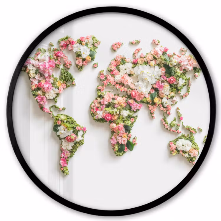 Wereldkaart - Bloemen - Subtiel Fotolijst rond zonder passe partout klein -3d