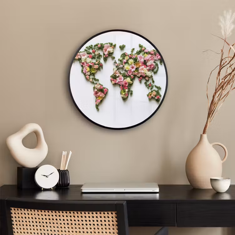 Wereldkaart - Kleurrijk - Bloemen - Lente Fotolijst rond zonder passe partout klein -sfeer1