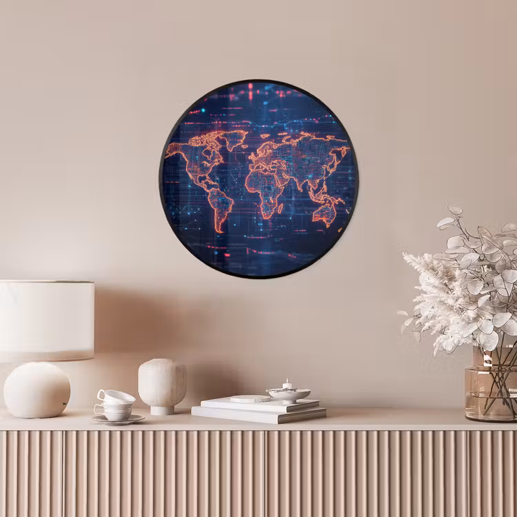 Wereldkaart - Futuristisch - Oranje Fotolijst rond zonder passe partout klein -sfeer3