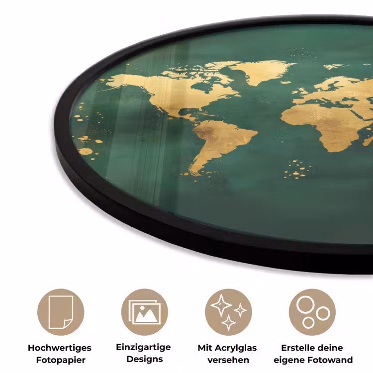 Wereldkaart - Groen - Goud Fotolijst rond zonder passe partout klein -closeup_DE