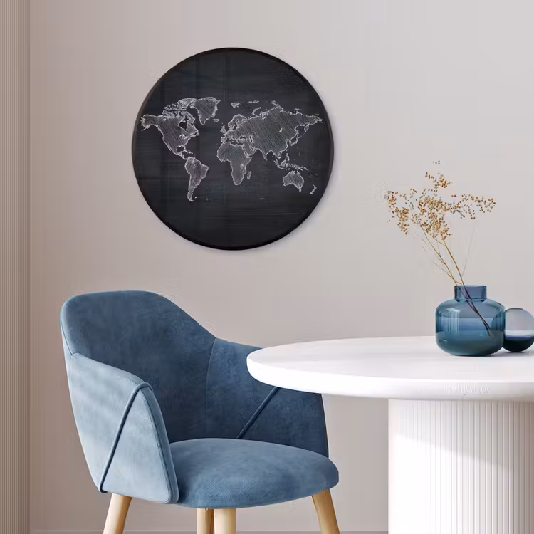 Wereldkaart - Krijt - Zwart - minimalistisch Fotolijst rond zonder passe partout klein -sfeer2