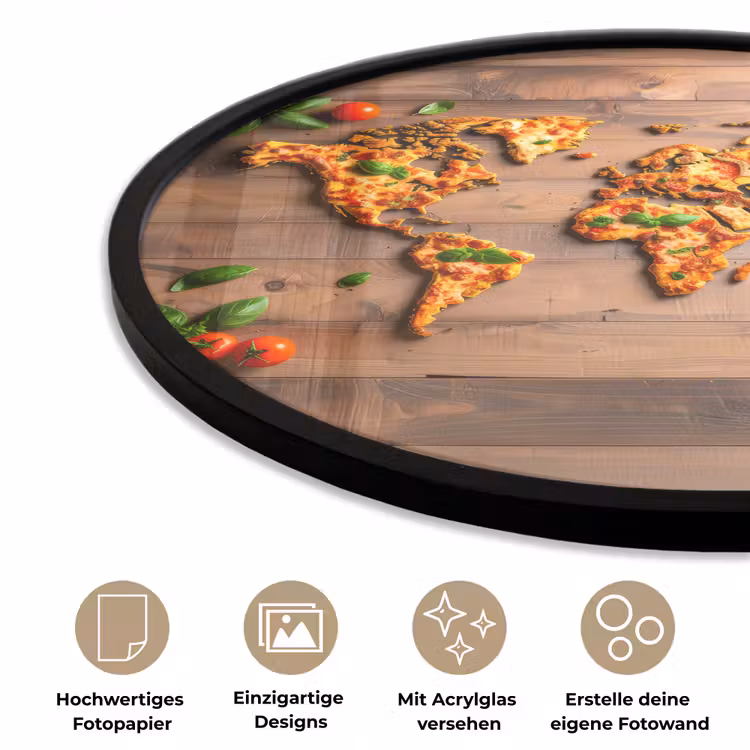 Wereldkaart - Pizza - Houten ondergrond Fotolijst rond zonder passe partout klein -closeup_DE