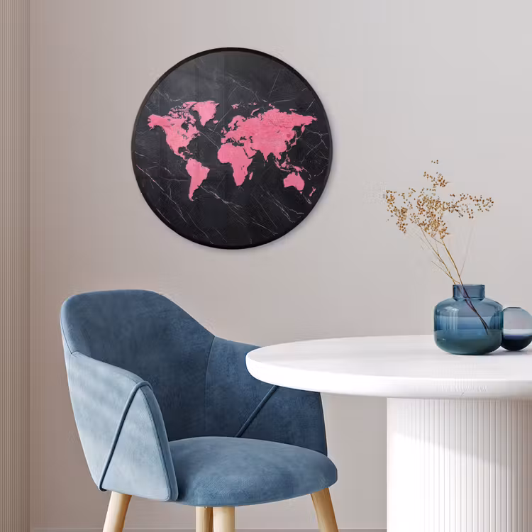 Wereldkaart - Roze - Marmer Fotolijst rond zonder passe partout klein -sfeer2