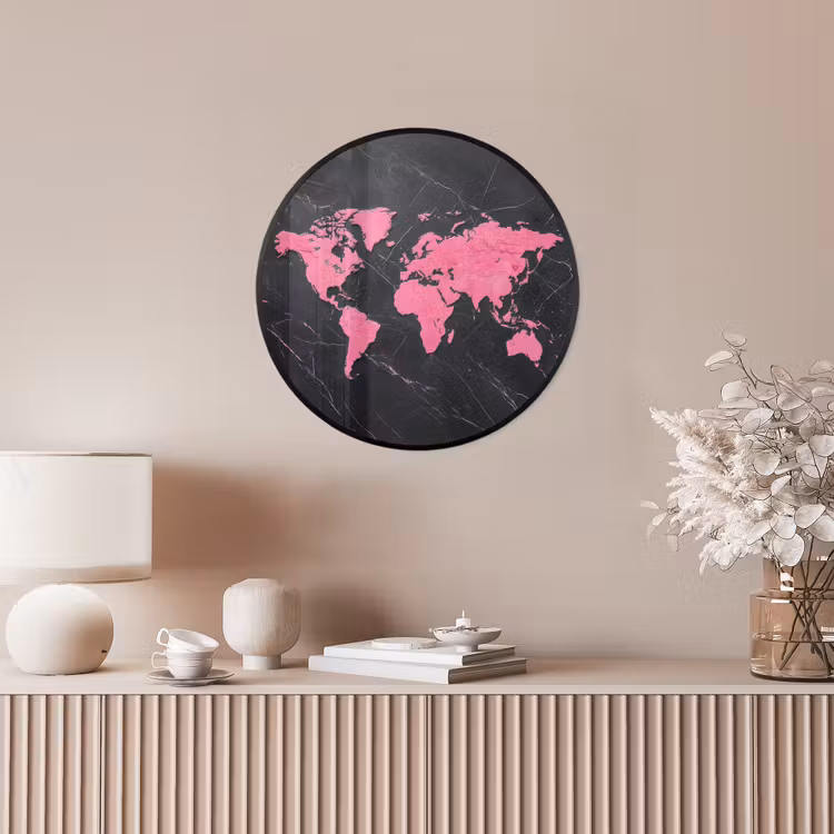 Wereldkaart - Roze - Marmer Fotolijst rond zonder passe partout klein -sfeer3