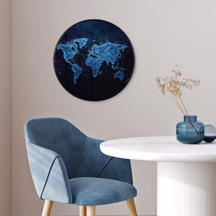 Wereldkaart - Waterstructuur - Blauw Fotolijst rond zonder passe partout klein -sfeer2