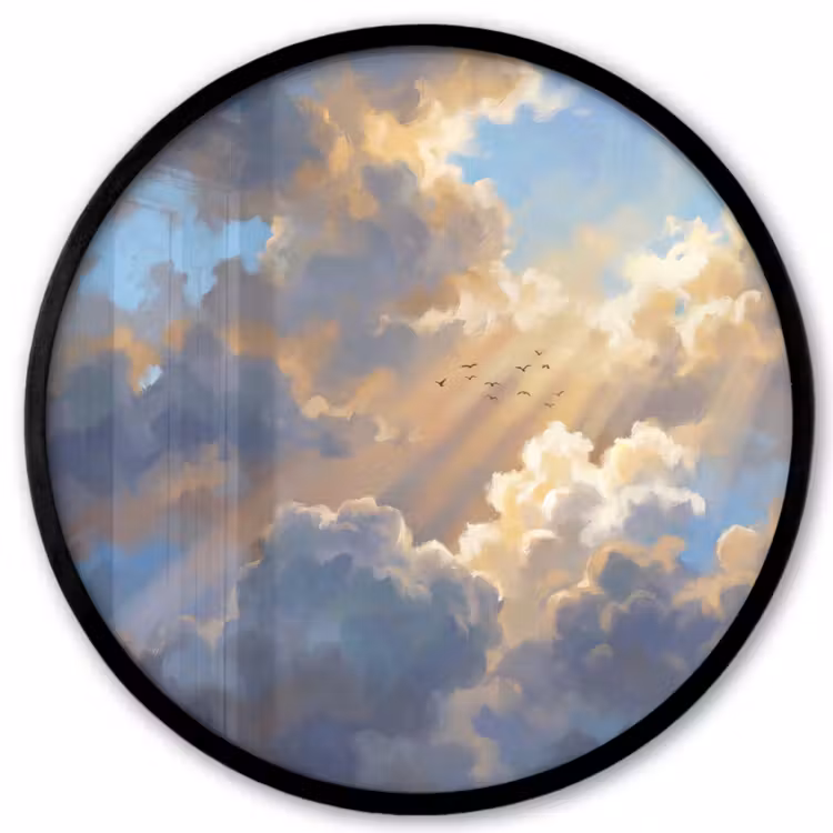 Wolken - Zonnestralen - Natuur - Abstract - Blauw Fotolijst rond zonder passe partout klein -3d