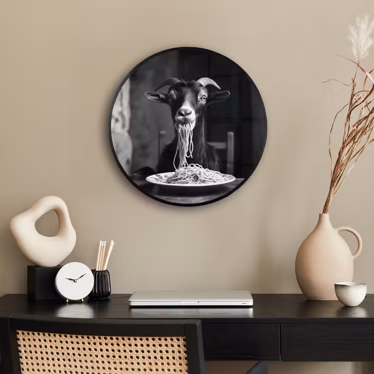 Geit - Bord - Spaghetti - Zwart Wit Fotolijst rond zonder passe partout klein -sfeer1