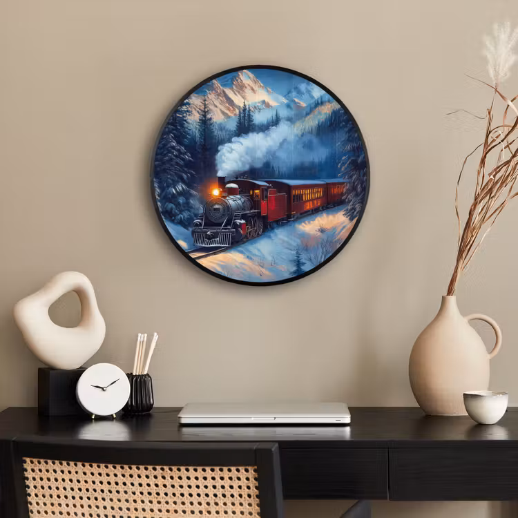 Trein - Kerst - Sneeuw - Kersttrein Fotolijst rond zonder passe partout klein -sfeer1