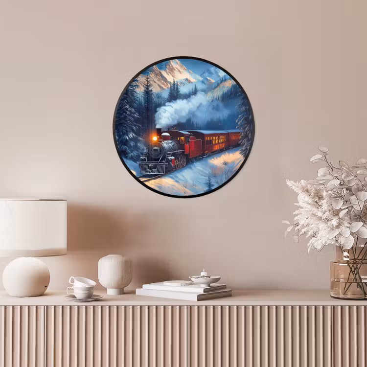 Trein - Kerst - Sneeuw - Kersttrein Fotolijst rond zonder passe partout klein -sfeer3