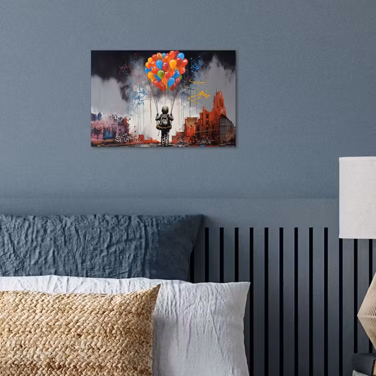 Jongen - Ballonnen - Gebouwen - Kunst poster papier klein -sfeer2