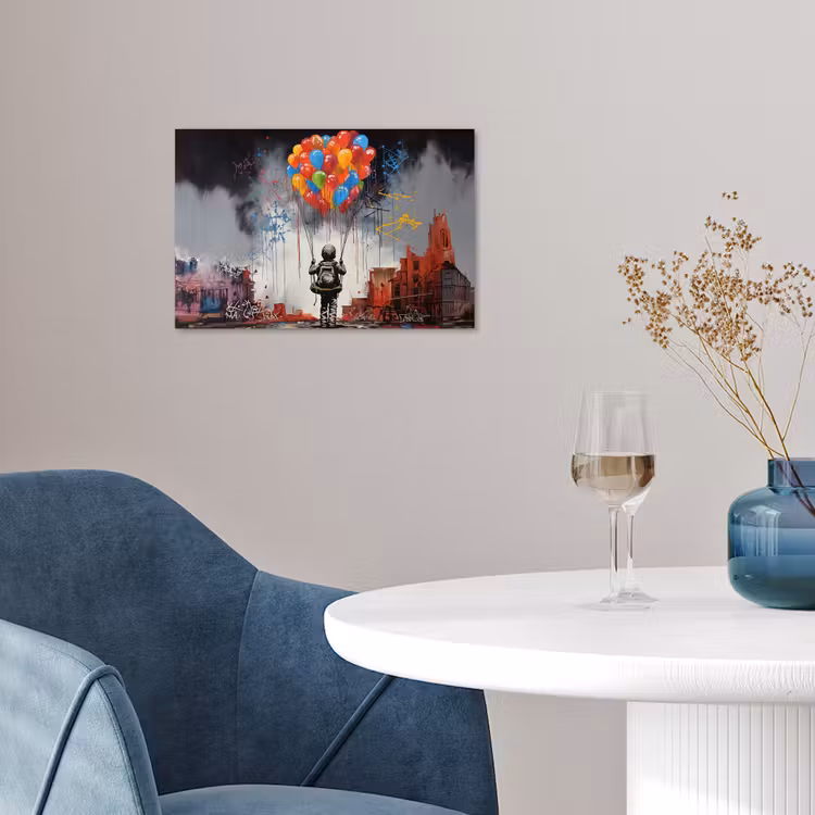 Jongen - Ballonnen - Gebouwen - Kunst poster papier klein -sfeer3