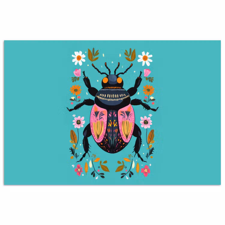 Kever - Bloemmotieven - Turquoise - Bladeren poster papier klein -3d
