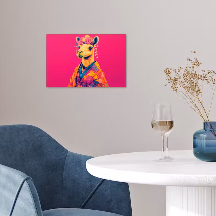 Kameel - Bloemen - Kimono - Waaiers poster papier klein -sfeer3