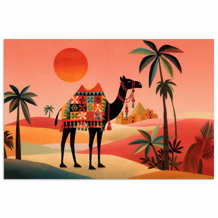 Kameel - Gekleurd tapijt - Duinen - Rode zon poster papier klein -3d