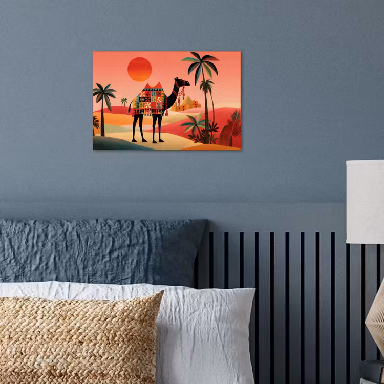 Kameel - Gekleurd tapijt - Duinen - Rode zon poster papier klein -sfeer2